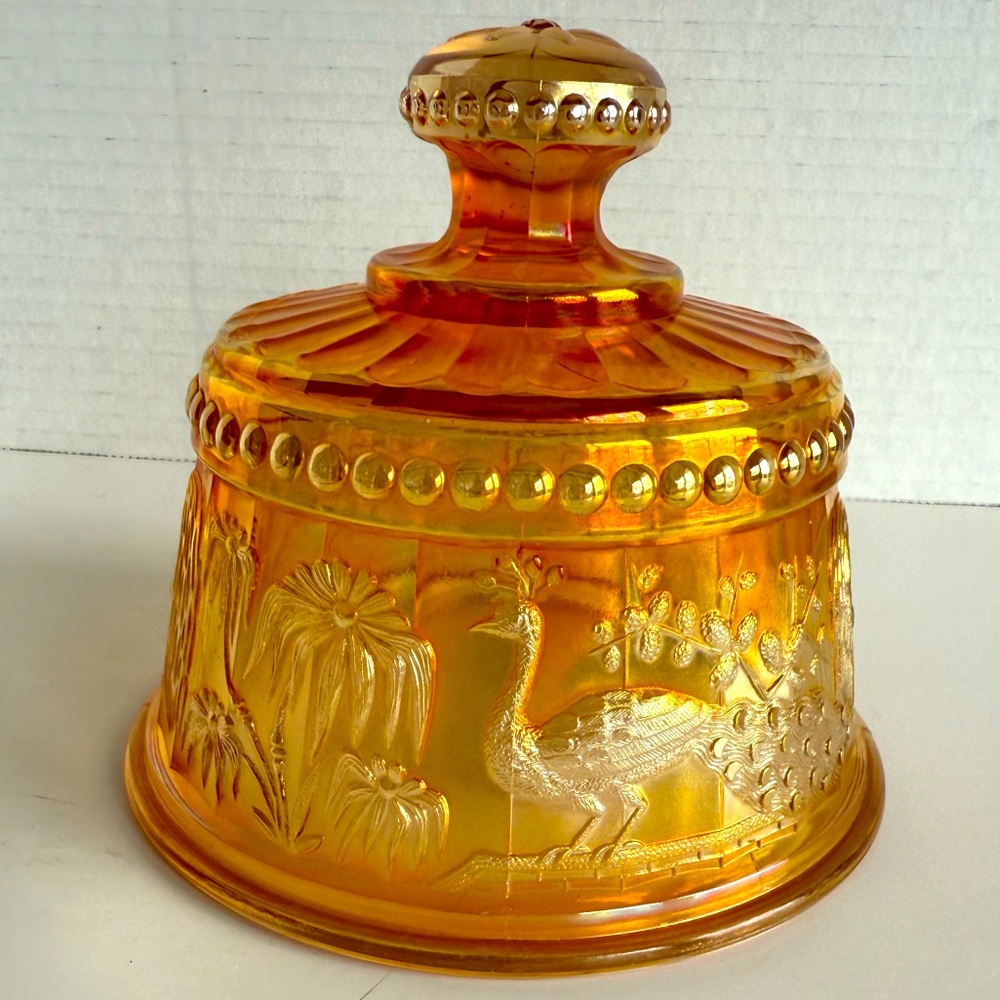Vintage Northwood Glass "Peacock at the Fountain" Marigold Butter Dish -Lid Only